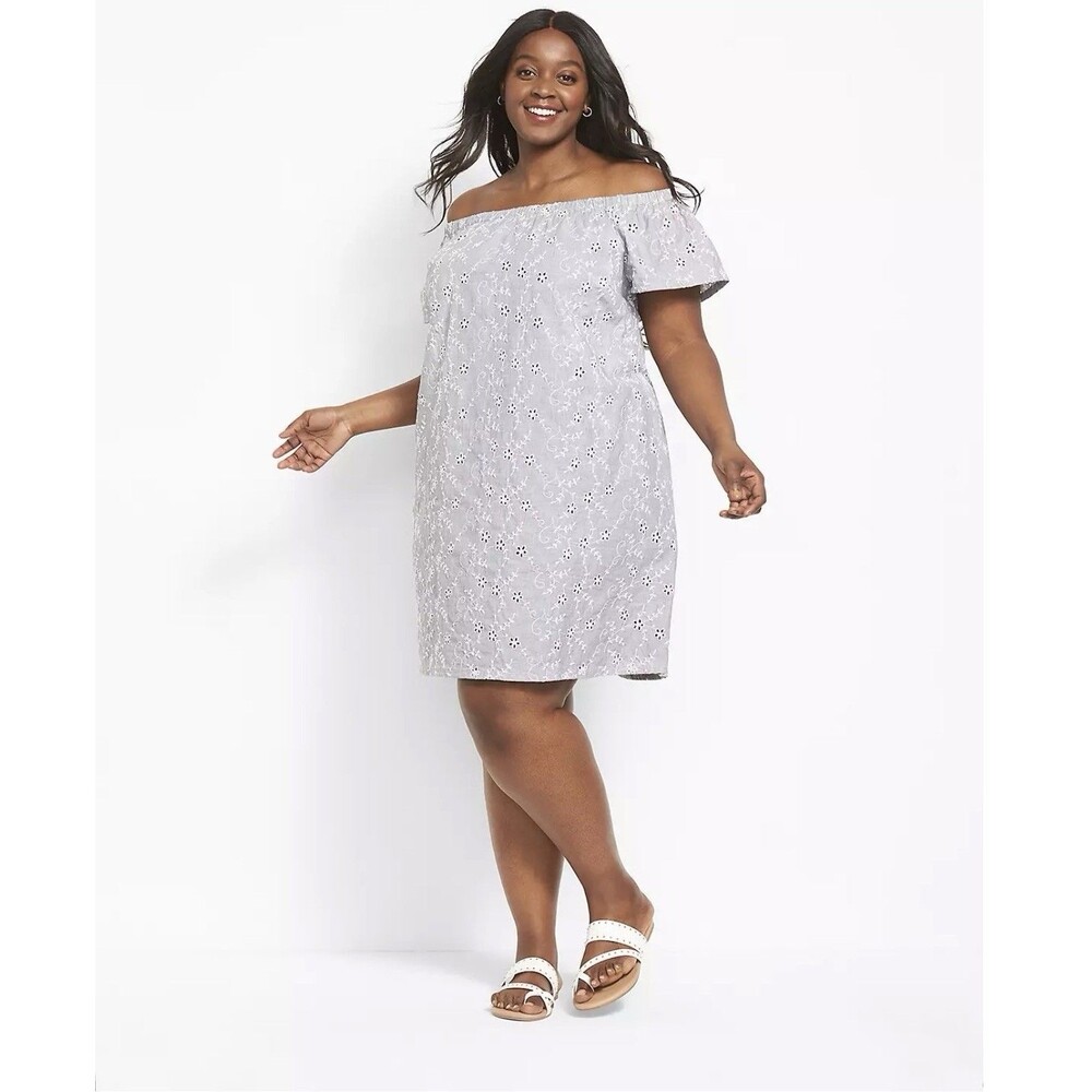 Lane Bryant Gray Embroidered Eyelet A line Off Shoulder Dress Blue 14/16 Beachy